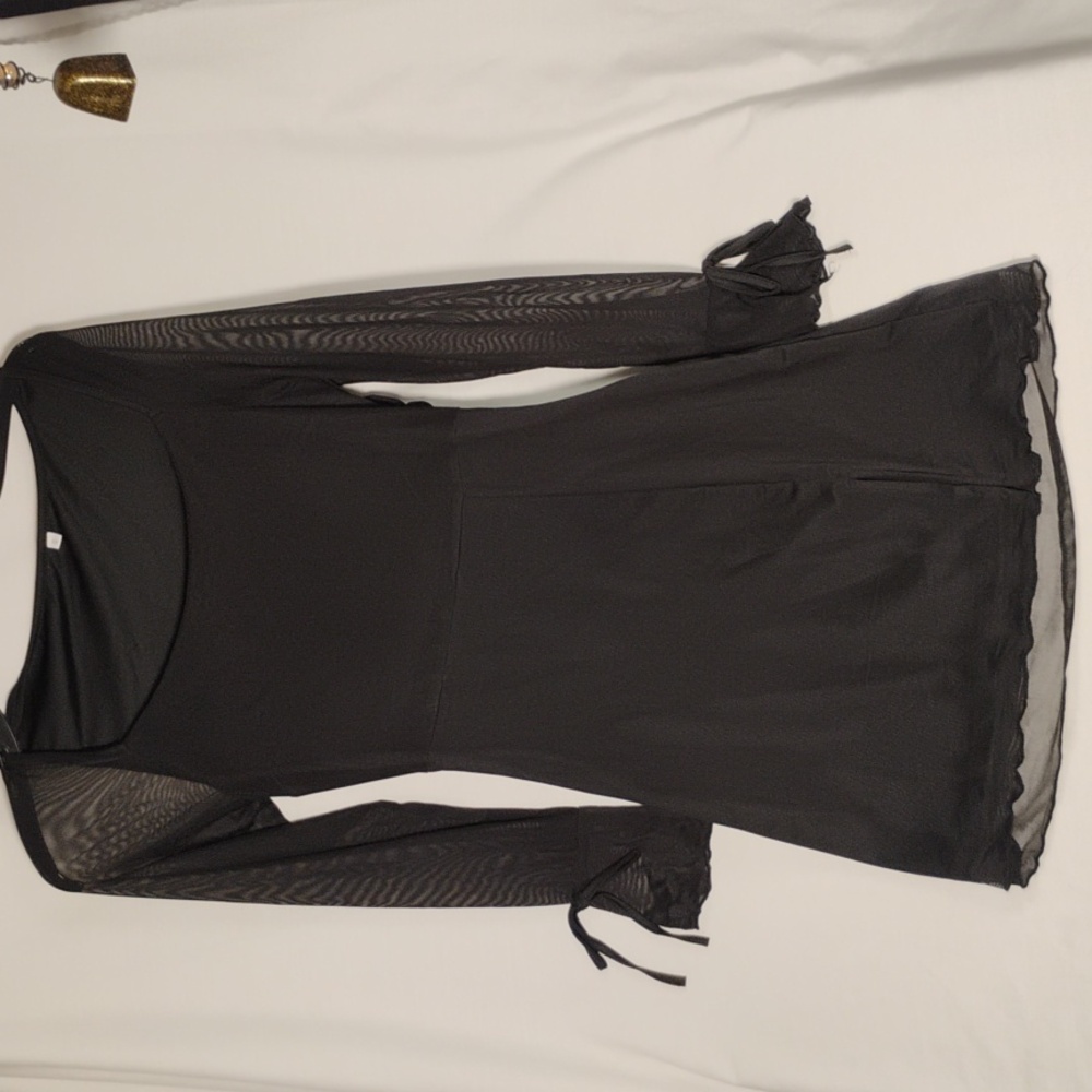 Black Sheer Flare Sleeves Emo Goth Dress W/ Slit Bows Lined Dark Academia Size S